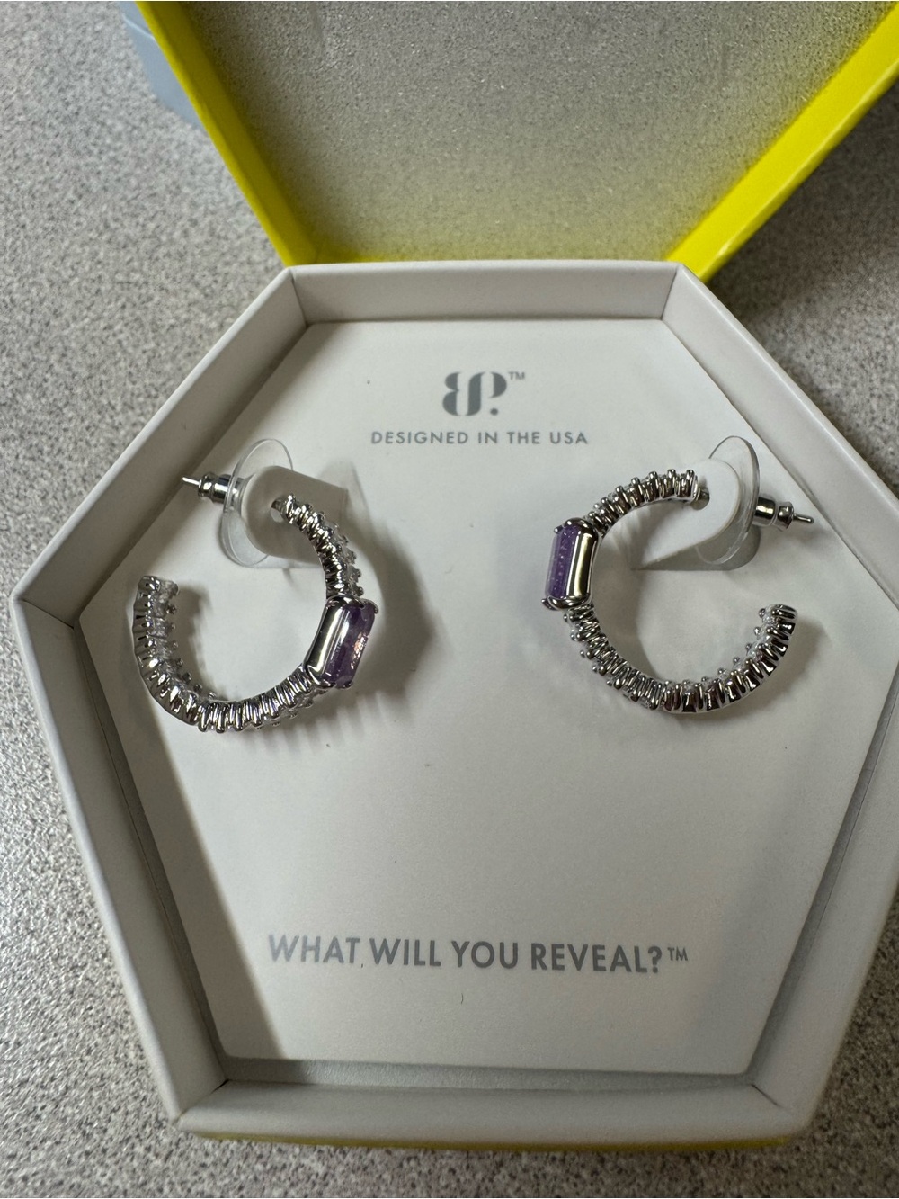 Silver Hoop Earrings with Purple Accent Gemstones